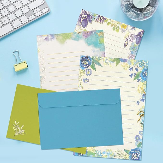 37 Pcs Stationery Paper Envelopes Set Includes 24 Lined Writing Paper & 12 Envelopes with 48 Round Stickers, Inlaid Flower Theme Pattern Letter Writing Paper Envelopes (4Style)
