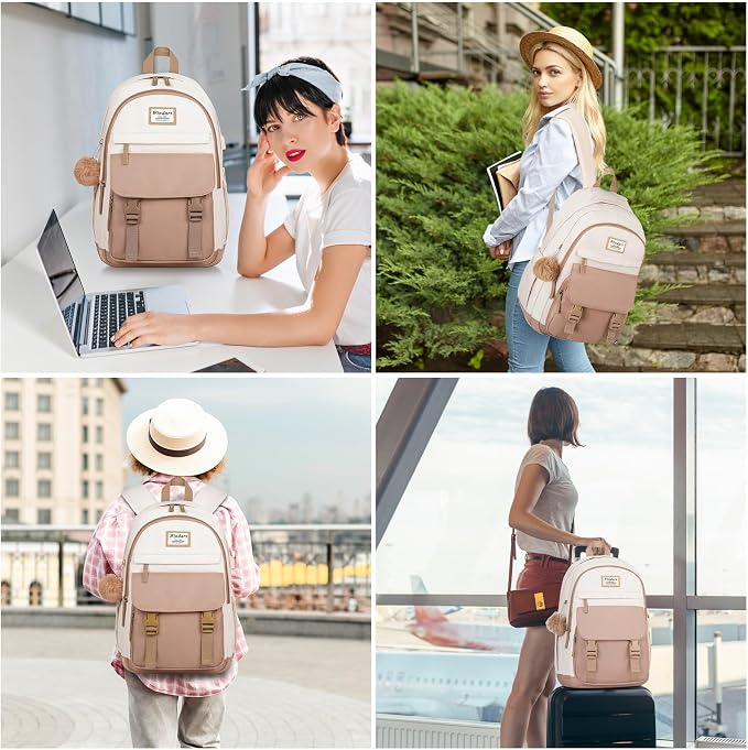 WINDARS School Backpack for Teen Girls, Cute College Backpacks for Women Students Aesthetic Bookbag Large 18 Inch Laptop Bag Middle School Travel Back Pack (Beige Khaki)