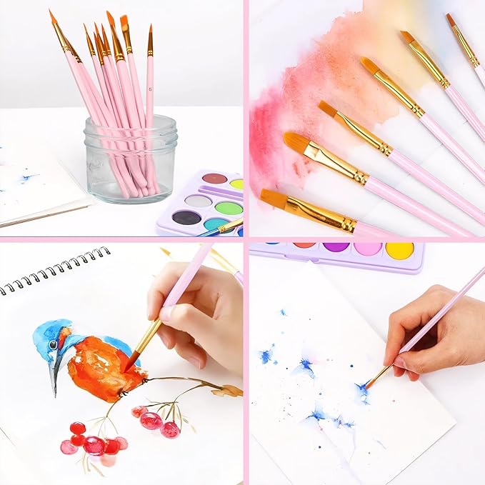 AROIC Acrylic Paint Brushes, 6 Packs/60 pcs Nylon Hair Paint Brush Set for All Purpose Oil Watercolor Painting Artist Professional Kits (Pink)