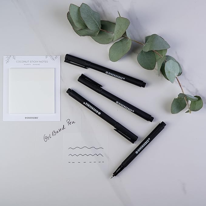 DIVERSEBEE Fine Tip Permanent Pens, 4 Pack Quick Dry Markers, Transparent Sticky Notes Writing Pens, Office School Art Supplies, Black Oil Based Fineliners
