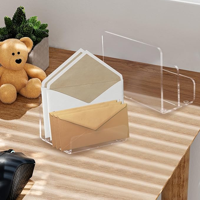 2 Compartments Acrylic Mail Holder, Vertical Letter Holder for Desk, Office Home File Envelope Mail Organizer Sorter for Desktop Bill Document Notebook (1)