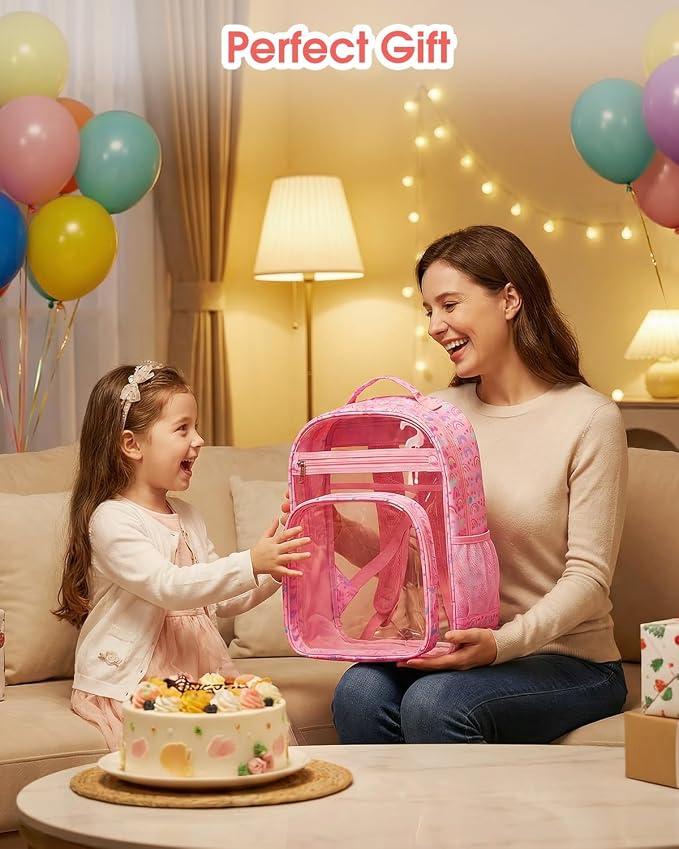 Soimeat Clear Backpack for Girls - Large Kids Clear Bookbag - Fabric & PVC Transparent Backpacks for Elementary School, Pink Rainbow