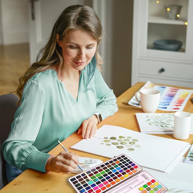 128 Colors Watercolor Paint Set, Including 84 Regular, 36 Metallic, and 8 Fluorescent Colors,Travel Watercolor Set with Brush and Drawing Pencil, Water Color Paint Sets for Adults Artists Beginners