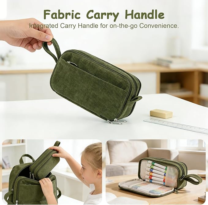 BuyCard Large Capacity Corduroy Pencil Case, Green Zipper Pouch, Aesthetic Pen Pouch, Supplies Organizer for Teen Girls Boys Women Men,Teacher Appreciation Gifts, Mothers Day Gift
