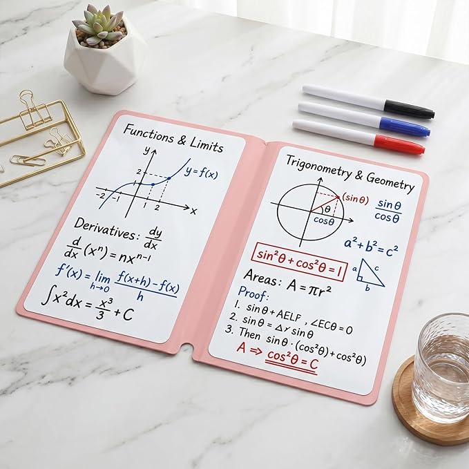 Portable White Board Dry Erase Small, Reusable White Board with 3 Colors Fineliner Pens Foldable Pink Pu Cover Handheld Whiteboard for Meeting Business Office 9.64x6.7 Inch