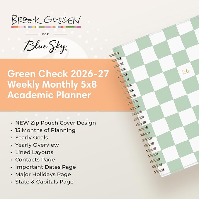 Blue Sky Brook Gossen 15 Month 2026-2027 Weekly and Monthly Academic Year Planner Calendar, April 2026 - June 2027, 5" x 8", Flexible Cover With Zip Pouch, Wirebound, Laminated Tabs, Storage Pocket, Green Check
