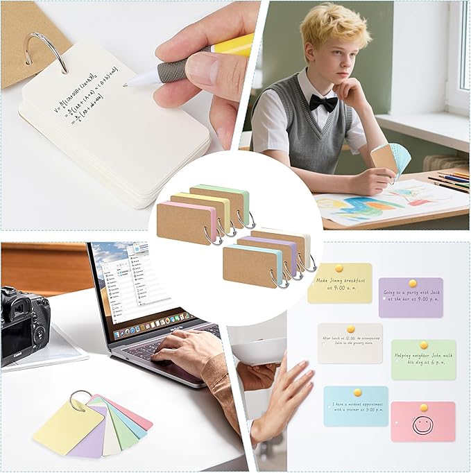 300 PCS Hole-Punched Blank Index Cards With Rings,3.2x2.1In Colored Flash Cards Kraft Paper Cover, Portable Notecards For Study/Office/Home/Note-Taking/Language Learning(6 Color)