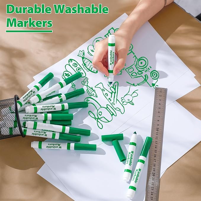 36 Pcs Green Washable Markers Bulk Coloring Broad Line Marker for Kid Green Conical Tip Drawing Pen for Christmas,School Supplies, Travel Art Baby Shower Gender Reveal Party Supplies, Ages 6+