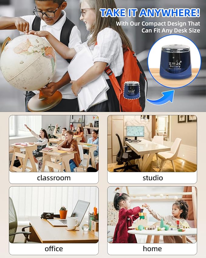ZMOL Battery Powered Electric Pencil Sharpener,Small Battery Operated Colored Pencil Sharpeners Portable for Kids,Fast Sharpen, Suitable for No.2/Colored (6-8mm), School/Classroom/Office/Home Blue