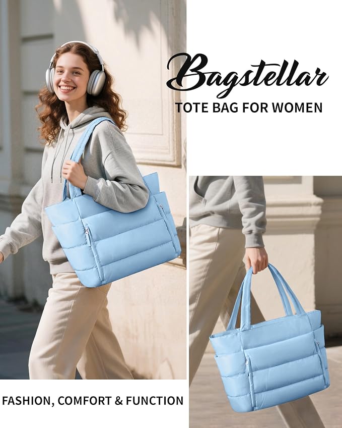 Bagstellar Puffer Tote Bag for Women, Lightweight Puffy Work Handbag Teacher Nurse Quilted Shoulder Bag for School Travel Gym | Cloud Bag w/ Zipper