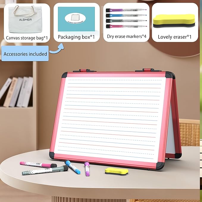 Dry Erase Board, 17x13 inch with 4 Sides Magnetic Whiteboard, A3 Foldable Small White Board with Lines, Perfect for Office, School, and Home. (Red)