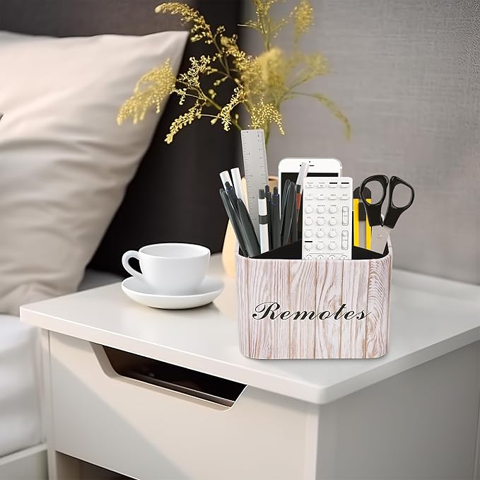 Square Leather Art Supply Organizer,Remote Control Holder with Removable Dividers,360°Rotatable Pencil Holders,4 Compartments Organizer for Office Supplies Storage Box(1-Light Grey)