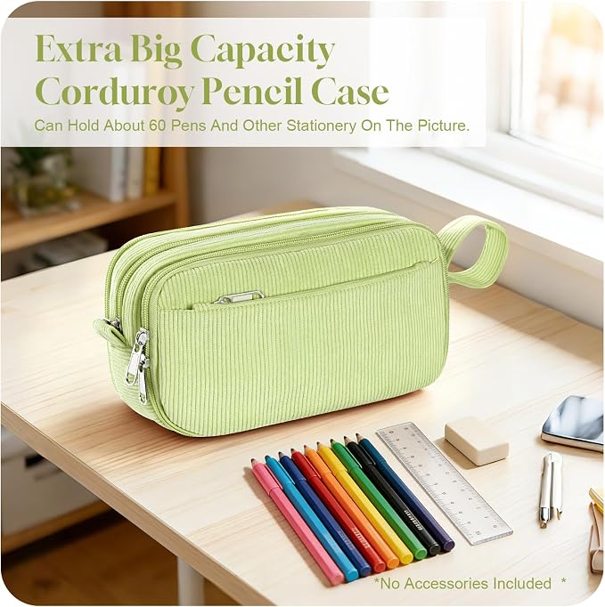 Corduroy Pencil Case, Large Capacity Pencil Pouch with 4 Compartments, Cute Soft Aesthetic Stationery Pen Bag Organizer with Zipper, Portable School Supplies for Teen and Adult Girls, Grass Green