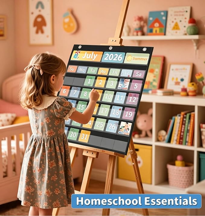 Yoink 45 Pockets Classroom Calendar Pocket Chart for Kids Learning - Monthly Calendar with Durable Fabric, Homeschool and Teacher Supplies, Preschool Kindergarten Wall Decor, Only Chart (Black)