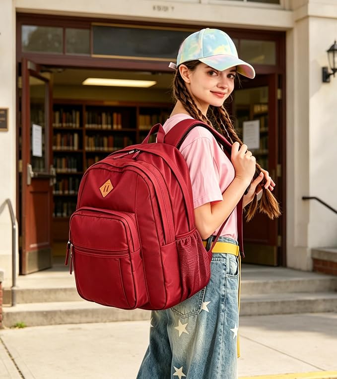 abshoo Girls Solid Color Backpack For College Women Water Resistant Large School Bag (Red)