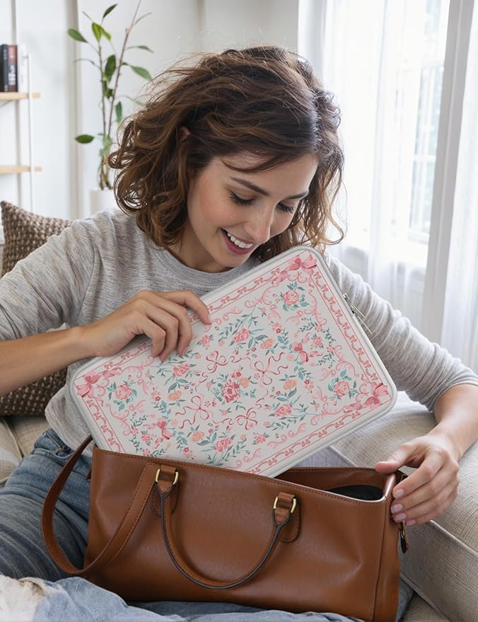 iCasso Laptop Sleeve 13 inch for MacBook Air 13-13.6 inch,Cute Laptop case for MacBook Neo/Pro 13 inch, Slim Protective Travel Carrying Case Sleeve for 14 inch Chromebook, HP, Retro Bow Pink