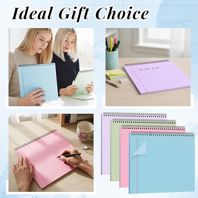 MotiMind 4 Pcs Legal Pads Landscape Notebooks Hole Punched Top Spiral Bound Notebooks 11 x 9.5 Inch College Ruled Drawing Notepad Tear Line for Removal 50 Sheet Office Steno Book(Light Colored)