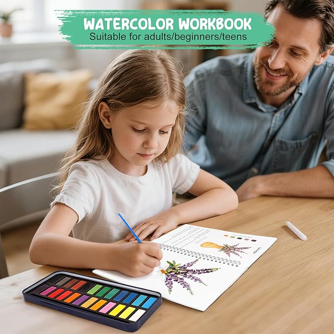 Watercolor Workbook, 24 Colors Solid Paint Set, Flower Themed DIY Patterns, Anti-Warp Paper, Beginner Friendly Art Kit For Adults Teens Kids