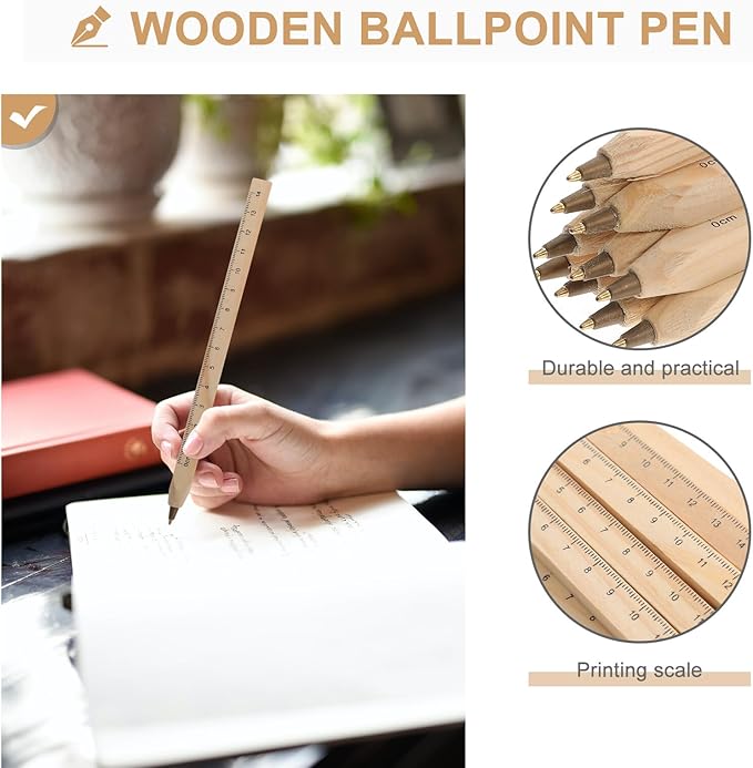 Housoutil 12pcs Black Ballpoint Pens Natural Wood Carpenter Drafting Pens with Printed Ruler Scale Eco-friendly Biodegradable Woodwork Supply for Office and Construction