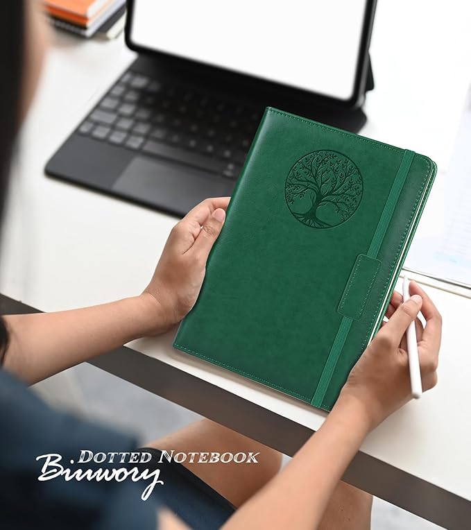 Biuwory Dotted Journal Notebook for Women Men, 140 Pages Hardcover Dot Grid Notebooks for Work, School & Travel, Leather Journals for Writing, Bullet Journaling 5.7"×8.3" (Green)