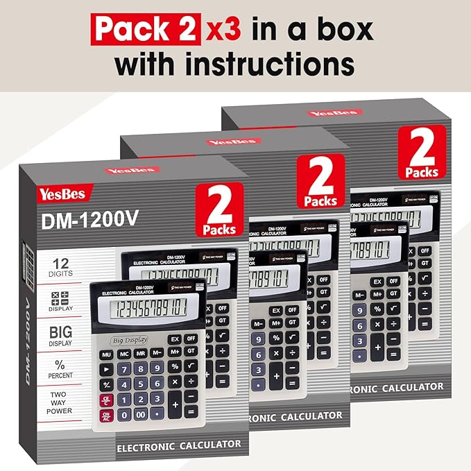 6 Pack Calculator Bulk, Calculators Desktop 12 Digit Extra Large LCD Display with Sensitive Butto, Solar and Battery Dual Power, Desk Calculator for Office, School, Home