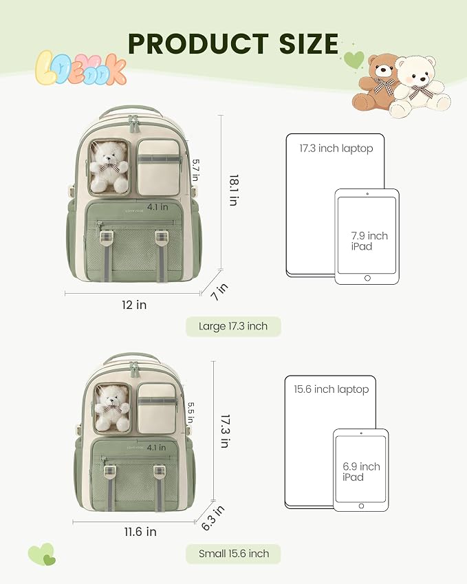 LOVEVOOK Cute School Backpack for Girls Ages 8-14, Bookbag with Plush Bear & Clear Display Pocket, Fits 15.6 Inch Laptop & 40oz Tumbler, Back to School Backpack for Elementary & Middle School