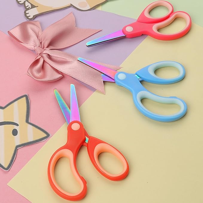 Asdirne Left Handed Kids Scissors, Safety Children Titanium Coating Scissors, Craft Scissors with Blunt Tip Stainless Steel Blades and Soft Grip, Great for Home and School,13.5cm, 3 Pack