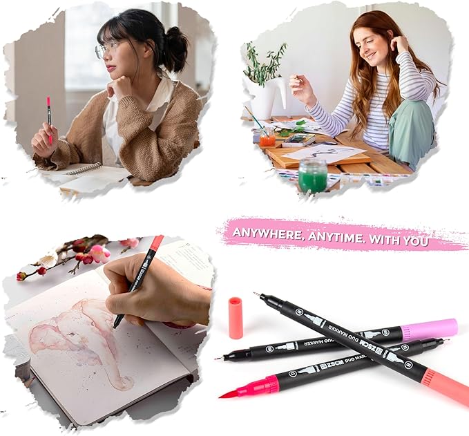 ZSCM Pink Duo Tip Marker Pens, 12 Pack Fine & Brush Markers for Adult Coloring Books No Bleeding, Blushing Pink Markers for Romantic Illustrations, Floral Designs, Cute Doodling and Lettering