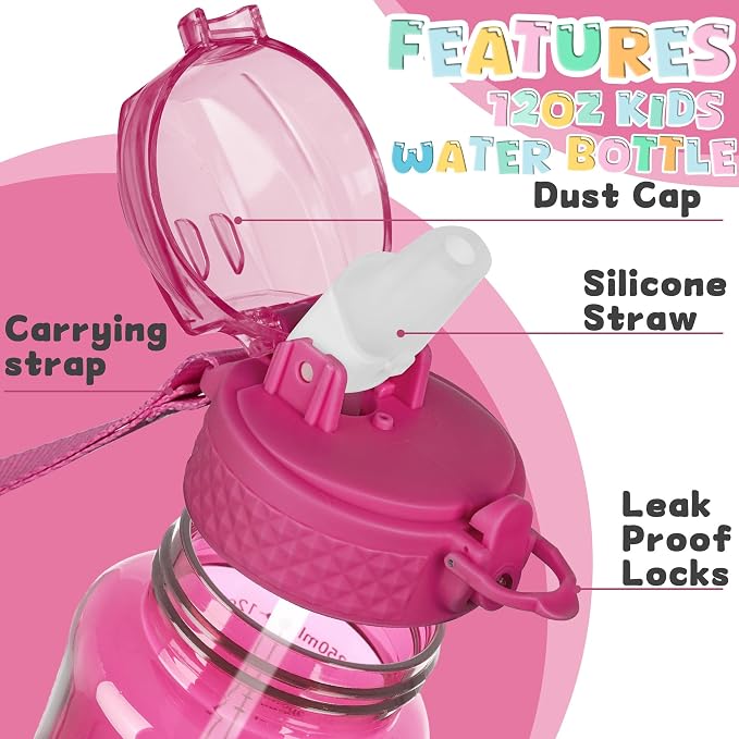 OLDLEY 12oz Kids Water Bottle, Tritan BPA-Free, Leakproof Flip Straw Lid, Motivational Time Marker, Carry Strap, Reusable Clear Water Bottle for Boys & Girls,Eggplant