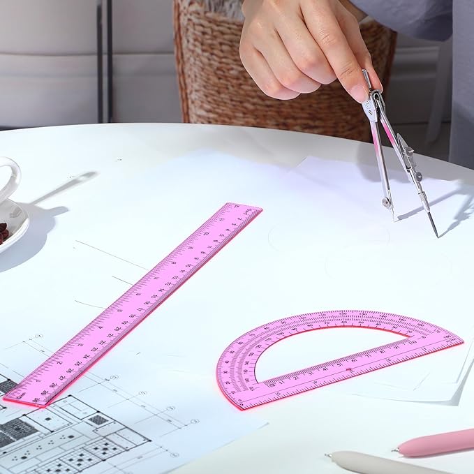 Zonon 3 Pcs Plastic Ruler 6 Inch Protractor Drawing Compass Set, Student Geometry Math Transparent Measuring Tools for Home School Classroom Office Supplies(12 Inch,Pink)