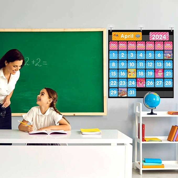 REGELETO Large 44 Pockets Calendar Pocket Chart for Classroom with 85 Cards, Size:25” X 24” Monthly Calendar and Weather Black Pocket Chart for Students Learning for Home or School (44 Pockets)