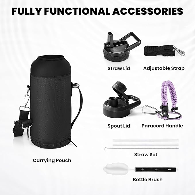 RAYMYLO Insulated Water Bottle 32 oz, Triple Wall Vacuum Stainless Steel (Cold for 24Hrs, Hot for 12Hrs), Leak Proof & Non-BPA, Modern Water Flask Jug with Paracord Handle & Straw Spout Lids