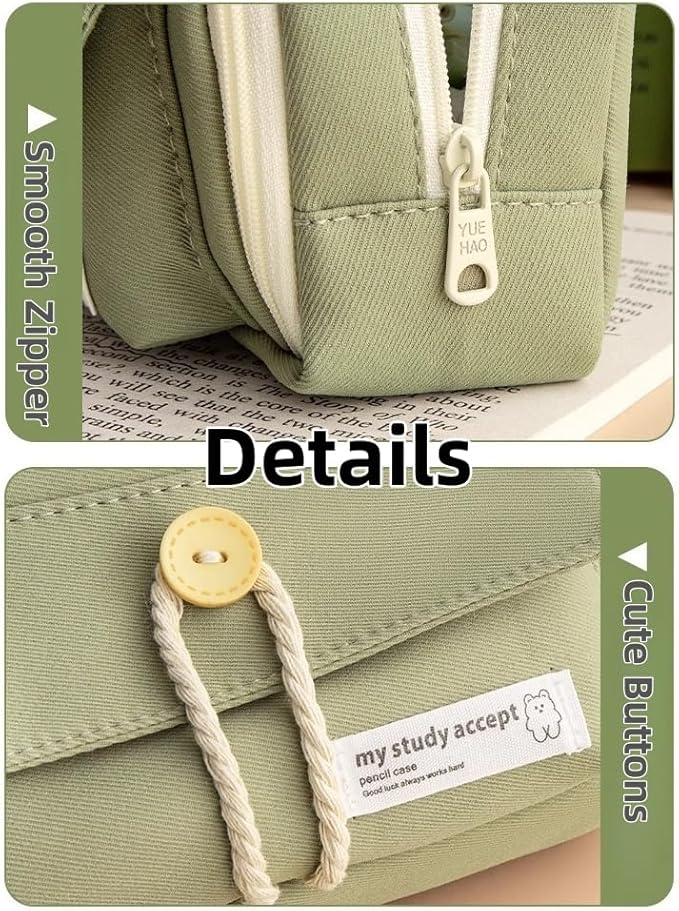 Simple Style Cotton Rope Pencil Holder - Large Capacity Multi-layered Pencil Case Organizer, Aesthetic Minimalist Fabric Pen Pouch with Zipper, Durable Eco-Friendly Pen Pouch Bag (Green)