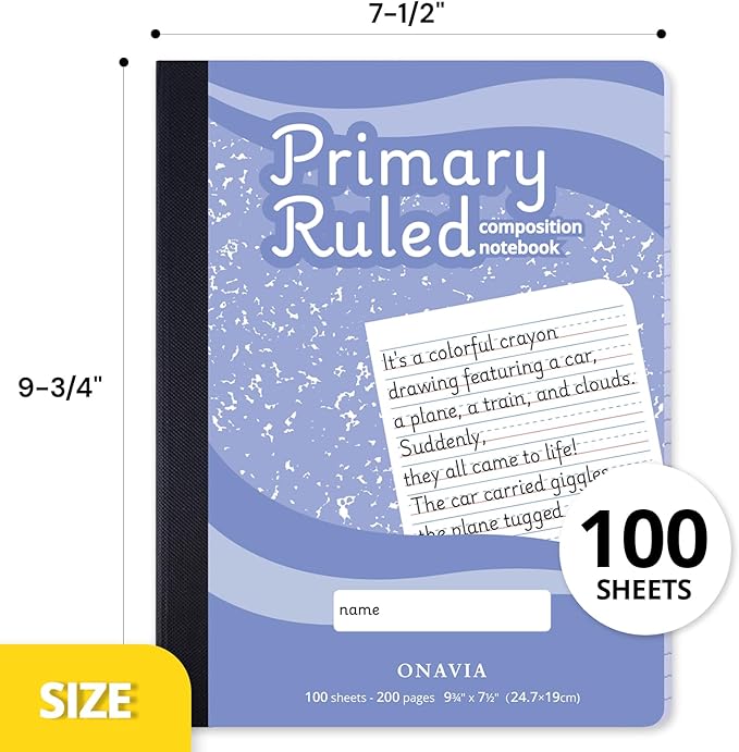 ONAVIA Primary Composition Book, 12 Pack, Full Primary Ruled, Grades K–2, 9-3/4”x7-1/2”, Classroom Writing Notebooks for Kids, Cornflower Blue