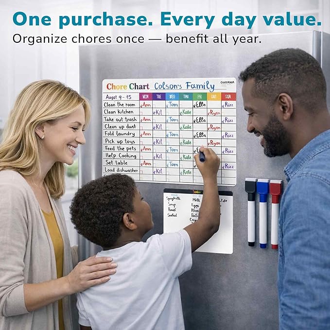 QUOKKA Magnetic Chore Chart for Kids at Home - Gift Reward Visual Schedule Chart - Dry Erase Weekly Planner - Family Task Organizer - Refrigerator Chore Board with Markers