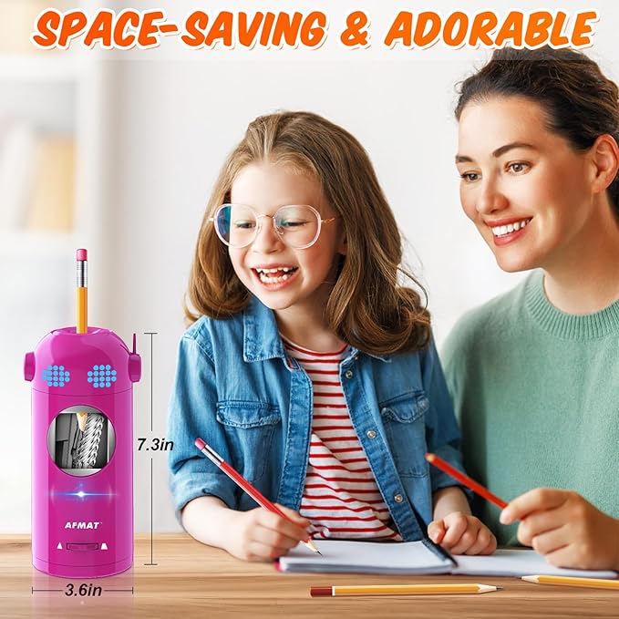 AFMAT Electric Pencil Sharpener, Fully Automatic Colored Pencil Sharpener for 7-11.5mm Pencils, Auto in & Out, Robot Pencil Sharpeners for Kids, Rechargeable Hands-Free with Dotted Eyes, PSX5ET, Pink