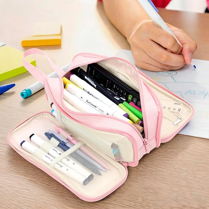 Pencil Case Pouch, Large Capacity Pencil Box Bag, Aesthetic Pen Organizer for School Supplies, Cute Preppy Stuff for Girls Boys Kids, Back to College Stationery, Pink