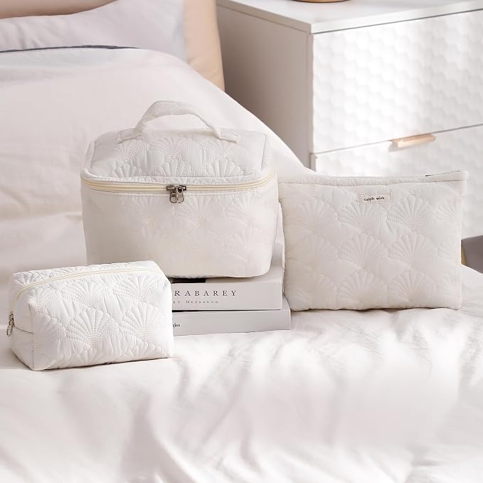 uekeboag 2Pcs White Shells Quilted Cotton Makeup Pouch Set(2Pcs) | Coquette Quilted Toiletry Bag for Women and Girls, Floral Coquette Organizer Bag, Aesthetic Travel Cosmetic Bags