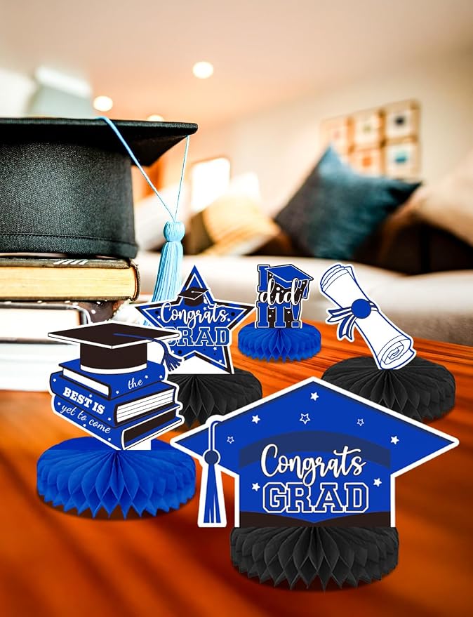 9Pcs Graduation Table Decorations - Blue and Black Graduation Centerpieces for Tables Congrats Grad Honeycomb Centerpieces Congratulate Table Toppers Grad Party Decorations, Class of 2026 Decor