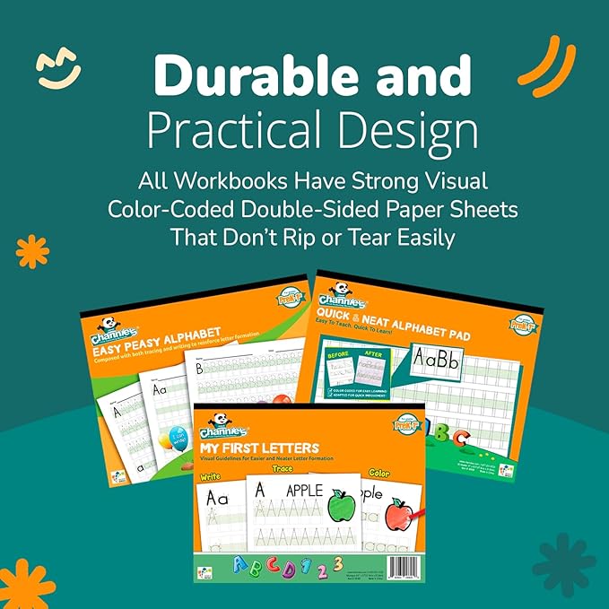 Channie's Beginner's Alphabet & Handwriting Workbooks, 3 Workbooks, Lots Practices with Visual Format, Easier Way to Learn Alphabet Summer School, Ideal for Homeschool Learning Activities