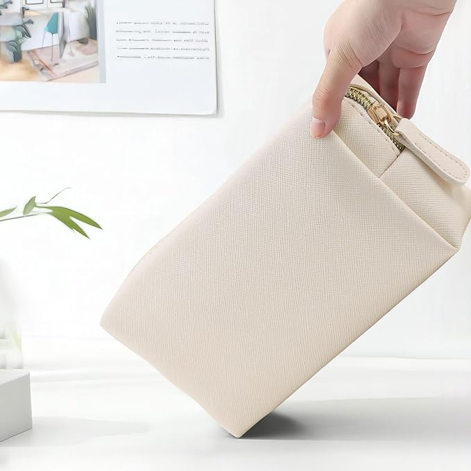 Leather Makeup Bag for Purse Travel, Portable Small Cosmetic Organizer for Women and Girls, Make up Bag with Zipper