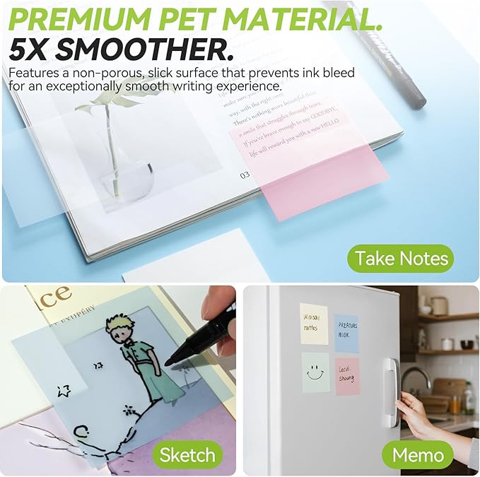 Transparent Sticky Notes with Marker Pen, Tecolu 7 Pads Clear Sticky Notes Sets, 5X The Sticking Power Translucent Sticky Note Pad, Waterproof & See-Through Sticky Notes,Macaron
