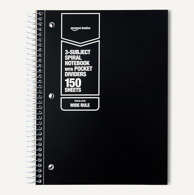 Amazon Basics Wide Ruled 3-Subject Spiral Notebooks with Pocket Dividers, 150 Sheets, 10.5" x 8", Assorted Primary Colors, 3-Pack