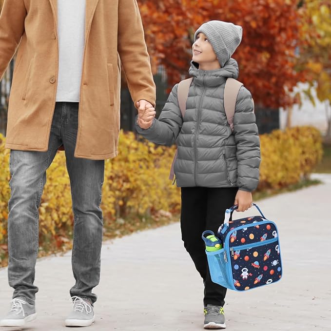Bagseri Kids Lunch Box for Boys - Insulated Toddler Lunch Bag Fits Bento Box, Reusable Daycare Cooler Tote with Clip Handle, Water-Resistant Lining, Navy Space