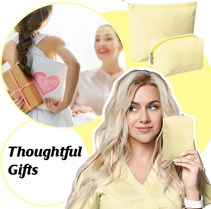 Huhumy 2 Pcs Makeup Bag Set for Women, Yellow, Thin Striped Seersucker | Cute Cosmetic Pouch Women Travel Toiletry Bag Preppy Small Makeup Purse Pouch Aesthetic Skincare Brushes Storage Organizer