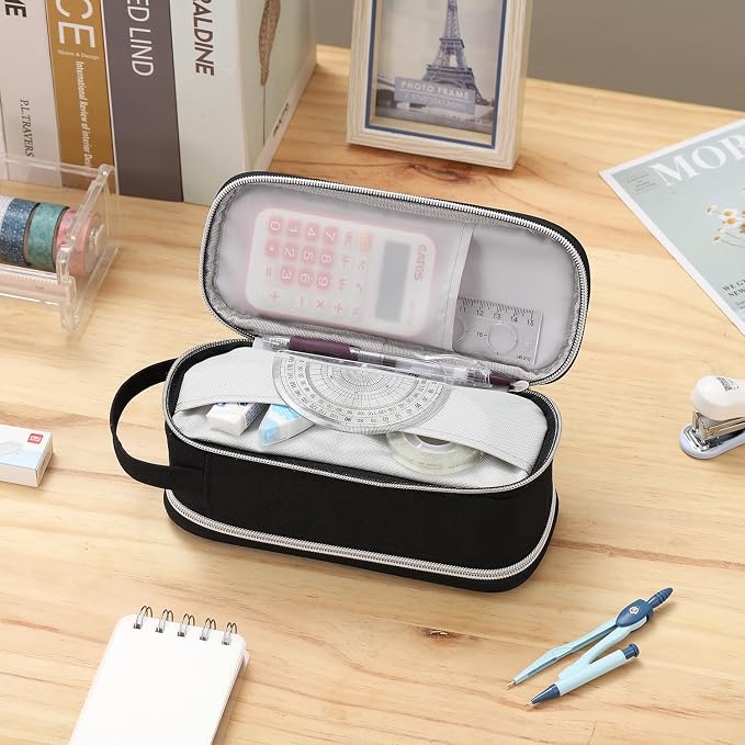 Dugio Large Pencil Bag for Boys School Organizer Pencil Pouch Big Black | Teens Kids Pencil Case with Zipper Aesthetic Pencil Box for School Supplies, Wear-resistant Fabric, Thick Multi-layer Fabric