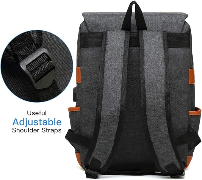 Mancio Vintage Laptop Backpack with USB Charging Port, Slim Tear Resistant Business Backpack for Travelling, College, Daypacks for Men,Women, Fits up to 15.6Inch Notebook in Black