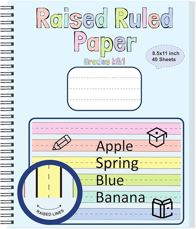 Colored Raised Line Handwriting Paper 8.5x11 Inch Wide Ruled Writing Paper Spiral Bound with ADHD 0.63 In Spacing Multi Sensory Dysgraphia Pad Handwriting Practice Workbook for Kids Kindergarten