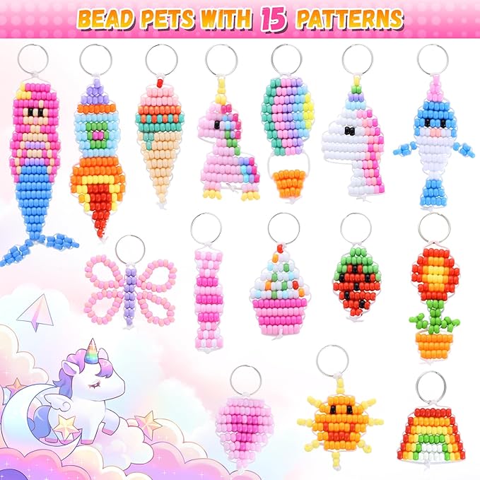 Funtopia Pony Beads Kit for Keychain Making, mini Pony Bead Pets for Kids Beginners,Includes Instructions for 15 Cute Designs and Storage Box, Kids Craft Kit for Rainy Day Group and Family Activities