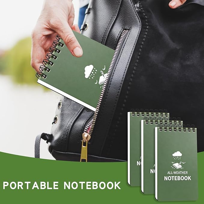 Waterproof Notebook, 4 Pack Pocket Notepad, 3" x 5" Top-Spiral Weatherproof NotePad, All Weather Police Pocket Notebook Mini Memo Steno Note Pads for Outdoor Office School Recording, Navy Green